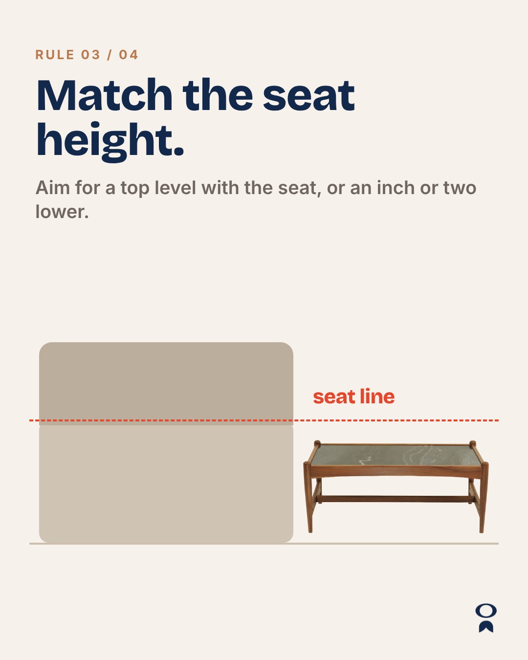 Diagram: the table top at or just below the sofa seat height